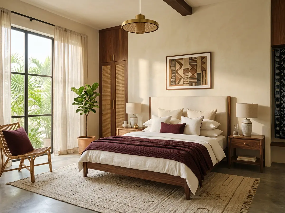 A bedroom with an upholstered headboard, a maroon throw and walnut bedside tables