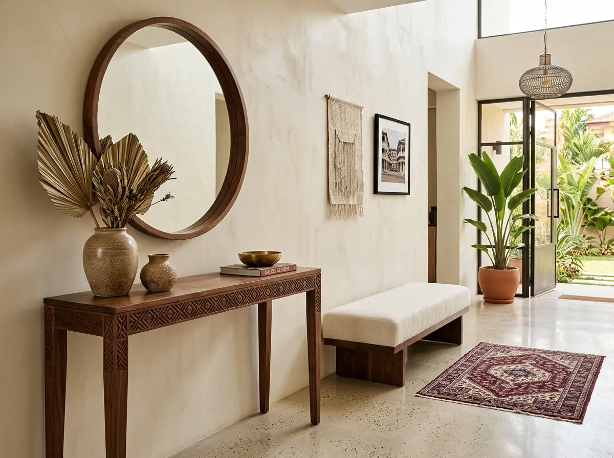 An entryway with a carved wooden console, a round mirror and an upholstered bench