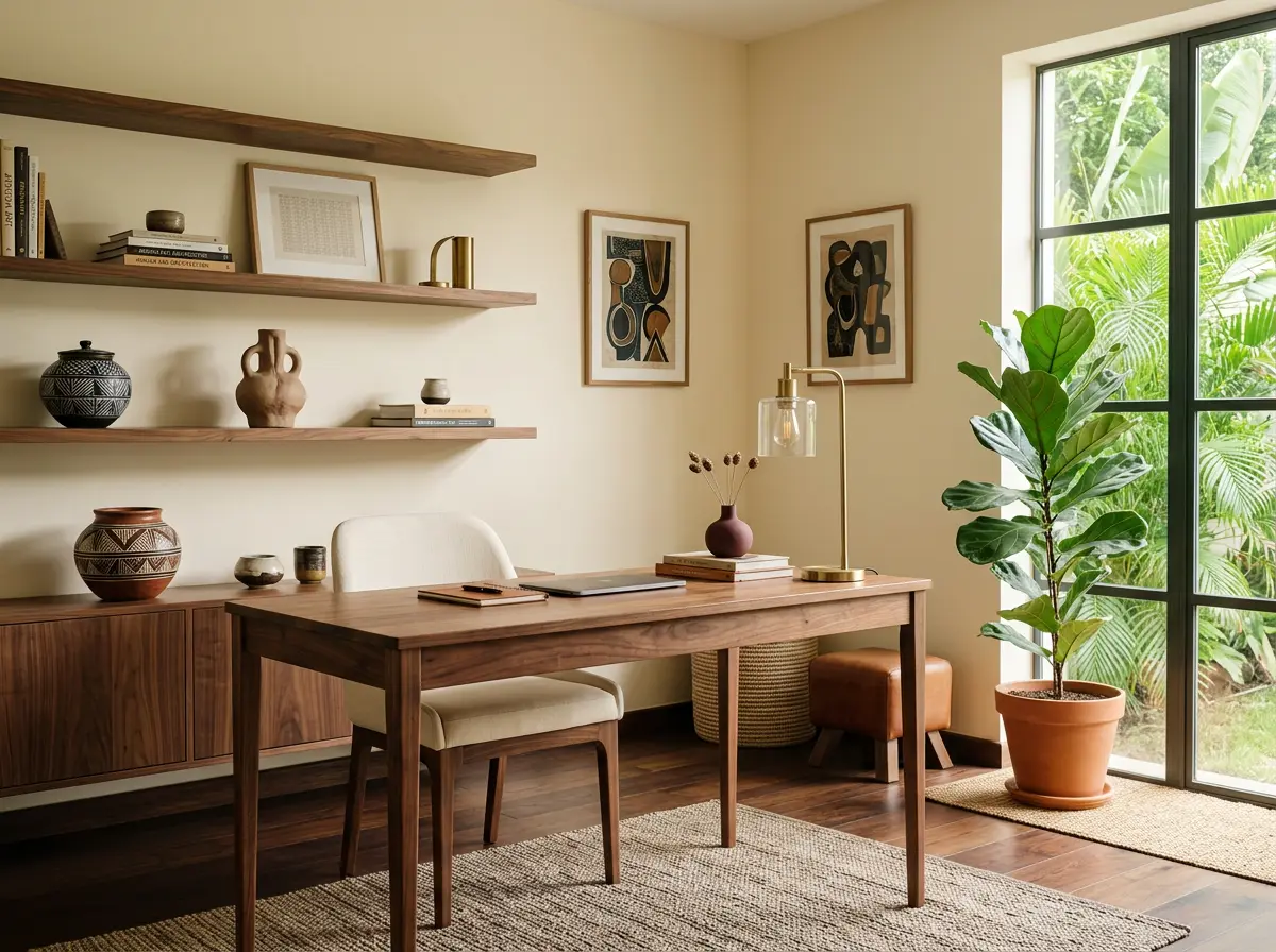 A home office with a wooden desk, a cream chair and open wall shelves