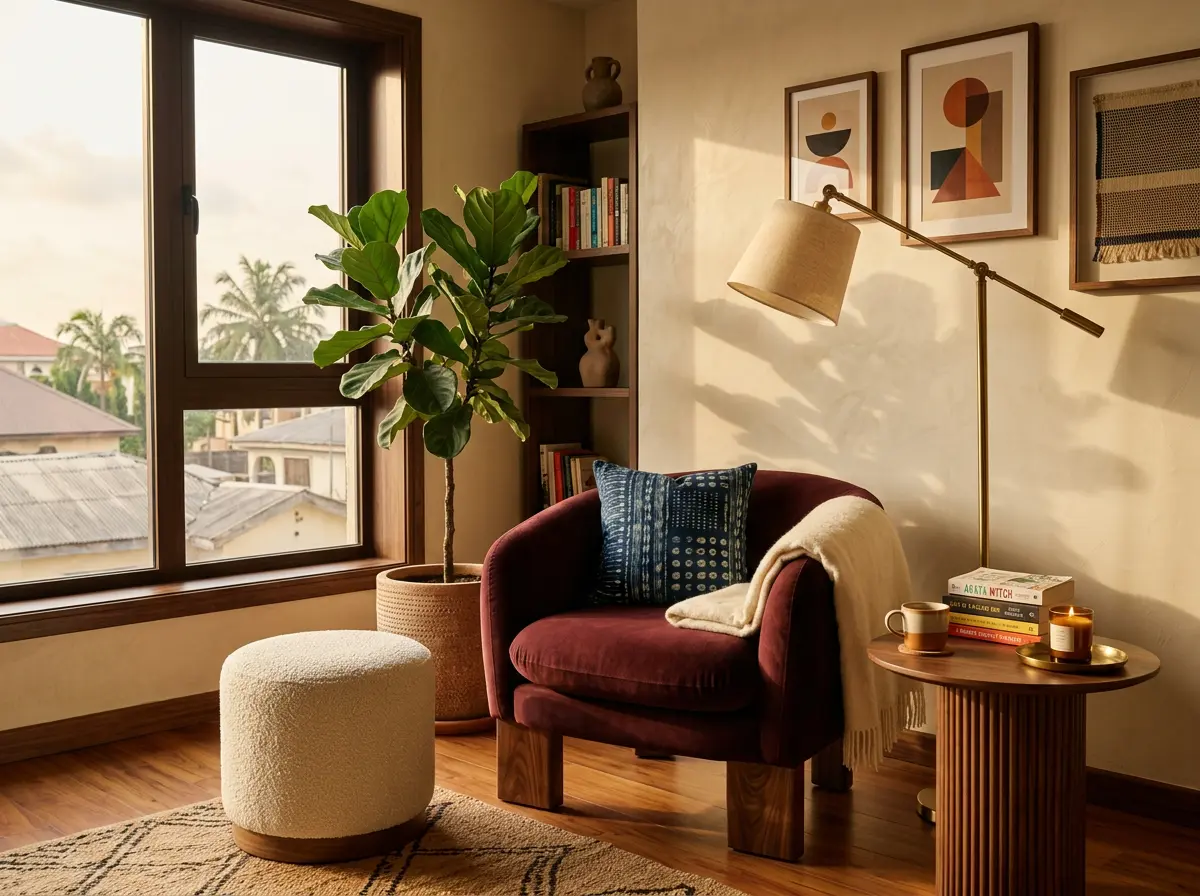 A reading corner with a maroon armchair, a round pouf and a floor lamp